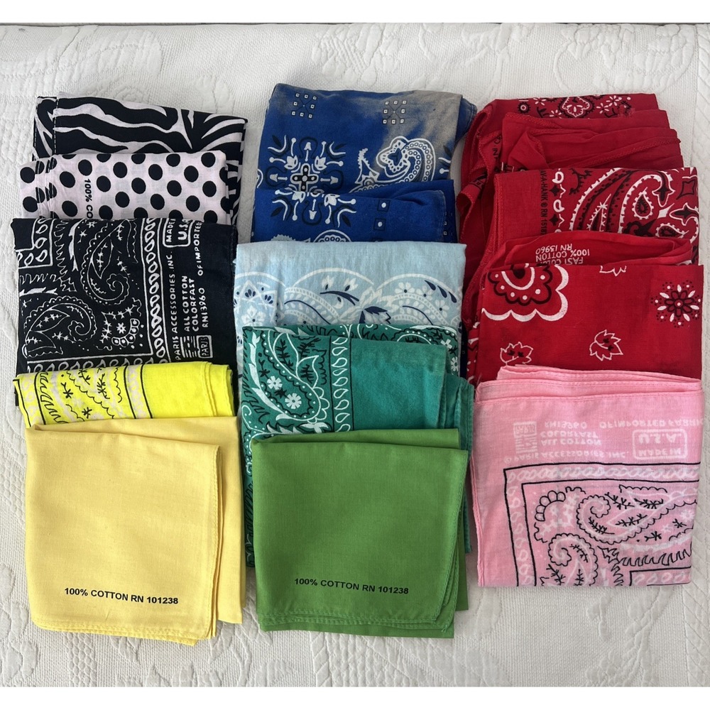 Lot 14 USA Fast Color 100% Cotton Bandanas Paisley Green Blue Black Yellow Red